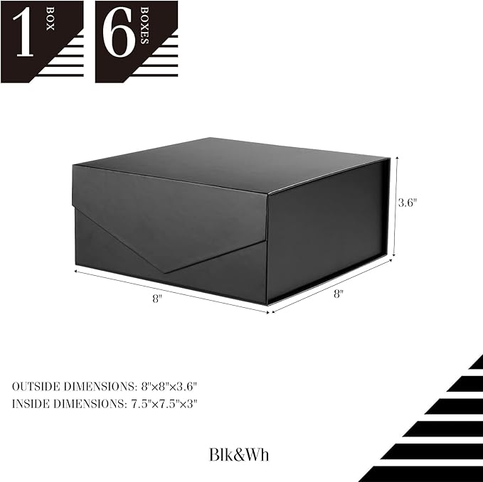 BLK&WH 6 Collapsible Groomsman Gift Boxes with Magnetic Lids, 7.5x7.5x3 Inches (Matte Black)
