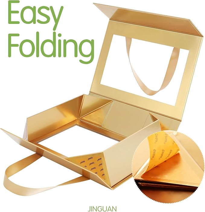 Gold Gift Box with Window, Gift Box with Lid and Handle, Clear Magnetic Gift Box for Present, Bridesmaid Proposal Box (10.5x7.5x3 Inches