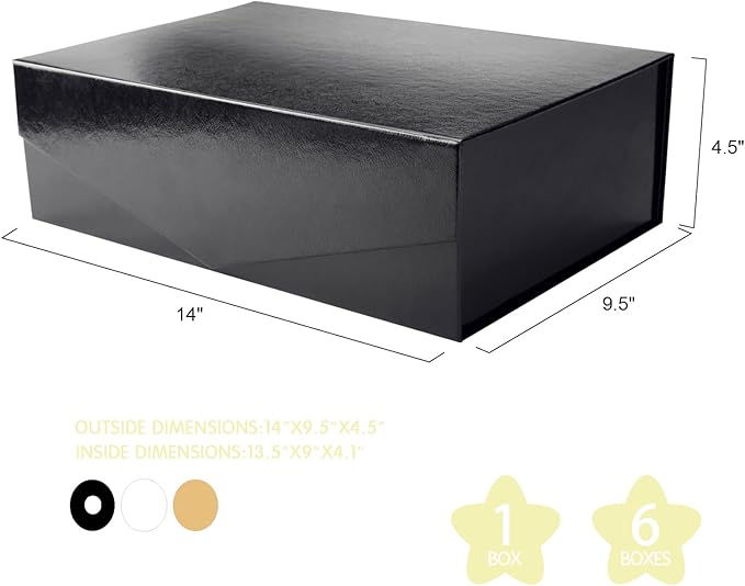 Large Black Collapsible Gift Boxes with Magnetic Closure Lids 13.5x9x4.1 Inches, Groomsmen Proposal Boxes, Rectangle Present Boxes (Glossy Black, 6 Pack)