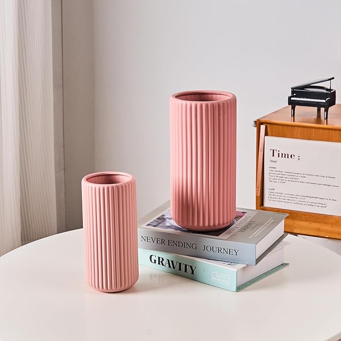 Pink Ceramic Flower Vase for Pampas Grass, 8 inch Small Decorative Centerpiece Ribbed Vase for Dining Table, Office Desktop, Shelf Bookshelf, Mantel, Entryway, Bathroom, Countertop, Farmhouse, Gift