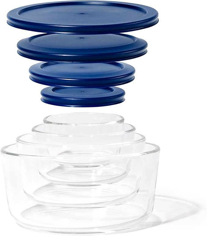 DURA LIVING 8-Piece Glass Food Storage Containers Set (4 Containers + 4 Lids) | Round, Nesting, Microwave & Dishwasher Safe | BPA-Free, Space-Saving | Blue Lids for Pantry & Kitchen Organization
