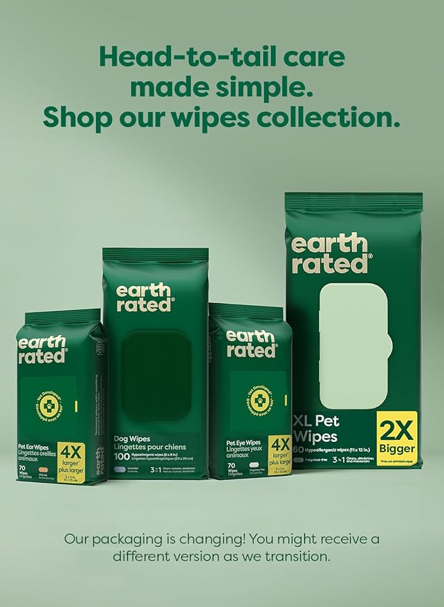 Earth Rated XL Pet Wipes for Dogs & Cats, 3-in-1 Unscented Hypoallergenic Cleaning, Deodorizing and Hydrating Extra Large Grooming for Body, Paws and Butt, Unscented, 60 Count