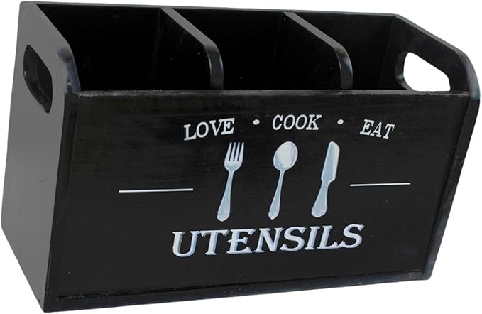 Fenteer Kitchen Utensil Holder Storage Crock Vintage Accessories Wooden Utensil Organizer Cutlery Box for Counter Hotels Restaurants, Black