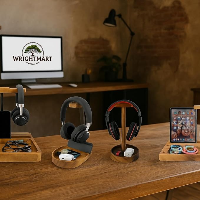 Acacia Wood Headphone & Phone Stand with Tray – Dual Device Holder Desk Organizer for Over-Ear Headphones & Mobile Phone, Gaming Setup, Workstation, Stylish Wooden Catchall