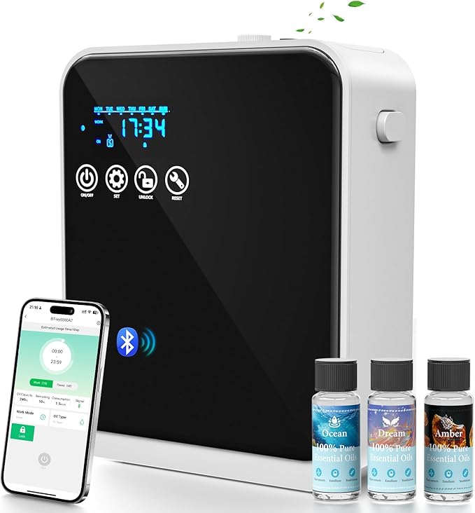 Waterless Essential Oil Diffuser,250ml Aromatherapy Scent Air Diffuser with Smart APP & Touch Screen|Whole House Large Room Oil Diffuser for Home,Office & Hotel Collection,Covers 1500 sq.ft–Black