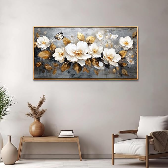FUHAIHUA Large Wood Framed Wall Decor For Living Room Canvas Wall Art For Office Modern Wall Decorations For Bedroom White Flower Painting Farmhouse Pictures Artwork Room Home Decor 24x48 In