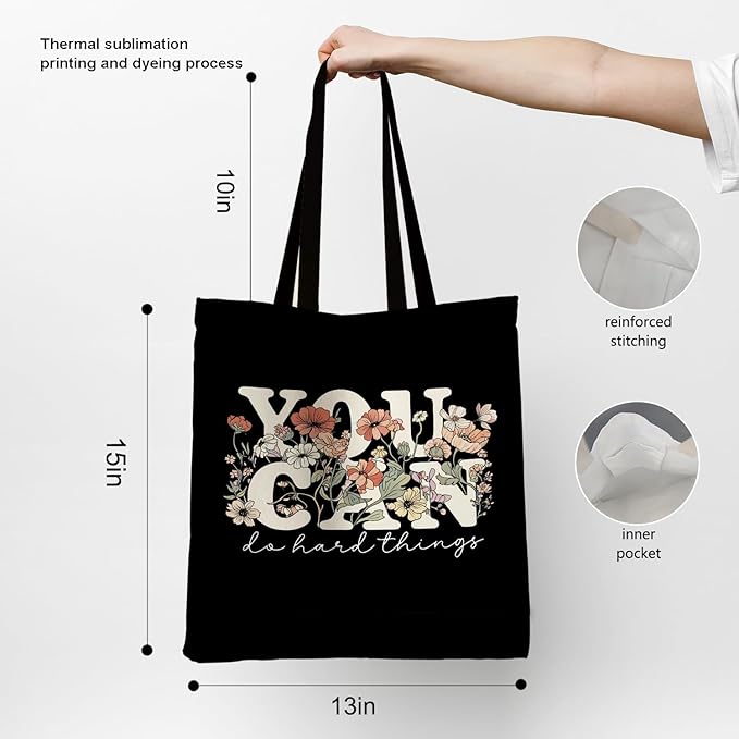 Dark Floral Inspirational Tote Bag, Motivational Gifts for Women Canvas Tote Bags, You Can Do Hard Things Positive Affirmation Reusable Grocery Shopping Bags