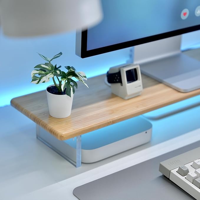 Bamboo Monitor Stand Riser with RGB Lights,31.5 Inches Desktop Shelf with Acrylic Legs Supports for Desk, PC Computer Monitor, Laptops, Printer, Speakers (Natural)