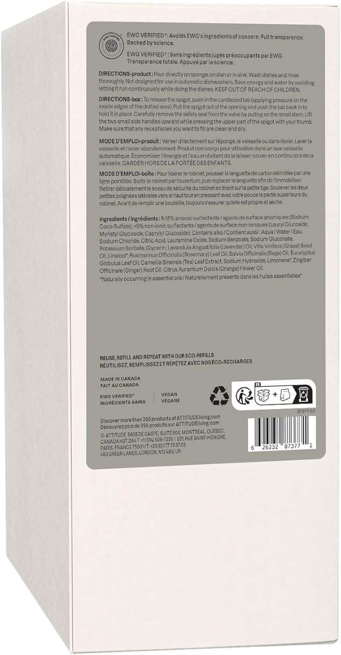 ATTITUDE Dish Soap, EWG Verified, Plant and Mineral-Based Ingredients, Vegan and Cruelty-free Household Products, Lavender and Rosemary, 67.6 Fl Oz