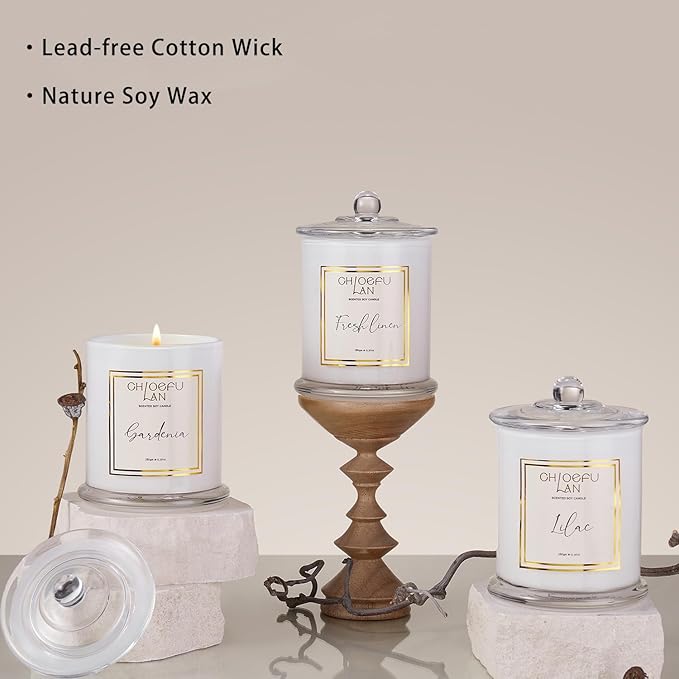 Chloefu LAN White Linen Candles, Luxury Scented Soy Jar Bathroom Candle, Highly Fragranced, Odor Eliminating Candles for Home, Air Freshing Soy Candle, White Glass Jar, Essential Oils, 75 Hours 10 oz