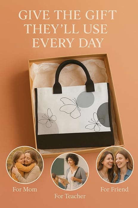 Canvas Tote Bag Hand-Stitched Spacious Eco-Friendly Durable, Detachable Strap for Vacation Beach Everyday Errand Work Essentials Ultimate Gift Butterfly Pattern