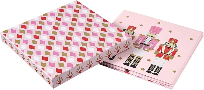 RUSPEPA Christmas Gift Box with Lid, Pink Nutcracker Soldier Design and Diamond Pattern Lid, Medium Collapsible Box with Ribbon, Tissue Paper for Girls, Gift Wrap, Candy Storage, 9x9x9 Inches, 1 Pcs