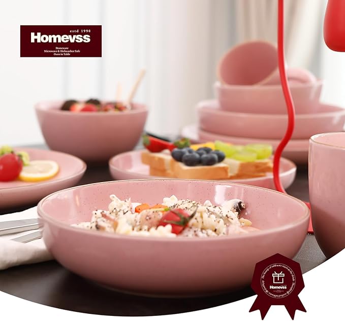 HomeVss 20-Piece Dinnerware Set - Serves 4, Shiny Glaze Pink with Speckle Effect Plates & Bowls Set | Microwave & Dishwasher Safe