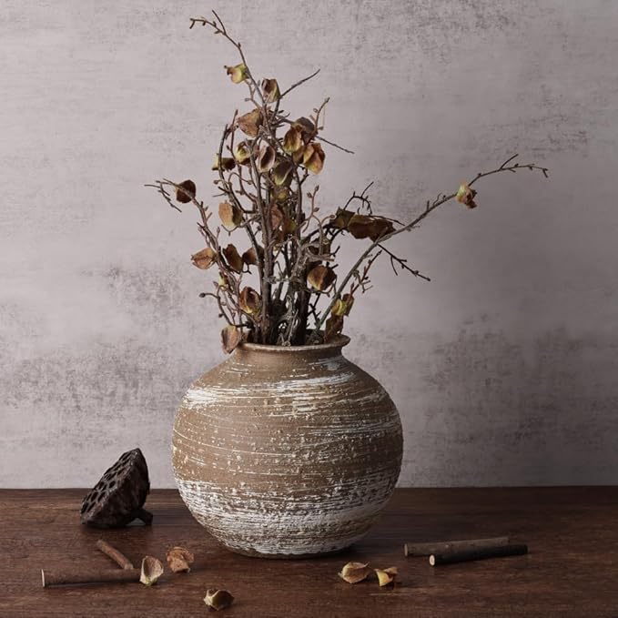 Rustic Terracotta Vase for Farmhouse Decor, Large Round Ceramic Vases for Home Decor, Wide Mouth Brown Clay Jug, Vintage Pottery Vases for Living Room, Kitchen, Table Centerpieces Rustic Home Decor