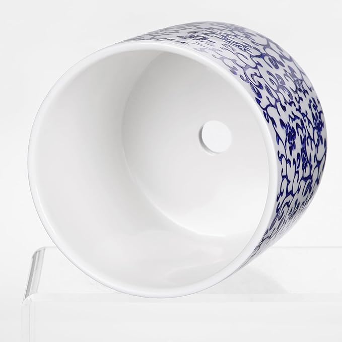 Set of 2 Blue and White Ceramic Plant Pots with Drainage Hole and Saucers, Retro Blue Porcelain Flowers Round Planters for Succulent Cactus Indoor Outdoor Garden Home Desktop Decor, 4.5+5.5 Inch