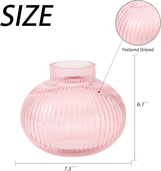 Pink Glass Vase for Flowers, Ribbed Glass Vase, Round Flower Vases for Tulips, Short Vases for Living Room, Office, Coffee Table, Shelf, Wedding, 6 Inches