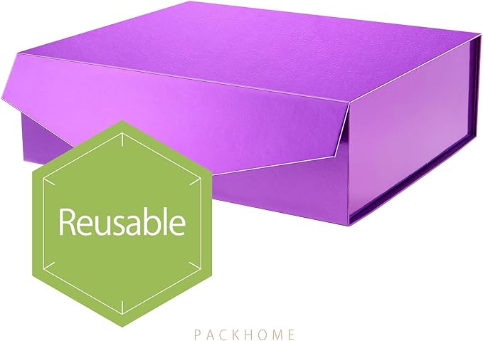 PACKHOME 17x14.5x5.5 Inches, Extra Large Gift Box with Lid, Magnetic Closure Box for Clothes and Large Gifts (Glossy Purple with Grass Texture)