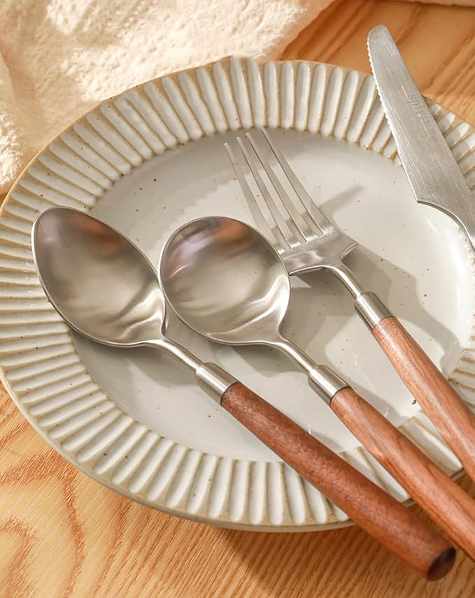 Wood Silverware Set for 12 Wooden Flatware Cutlery Utensils Set 18/10 Stainless Steel Walnut Handle 48 Piece Include Knives Forks and Spoons Tableware Set for Home Kitchen Wedding Restaurant