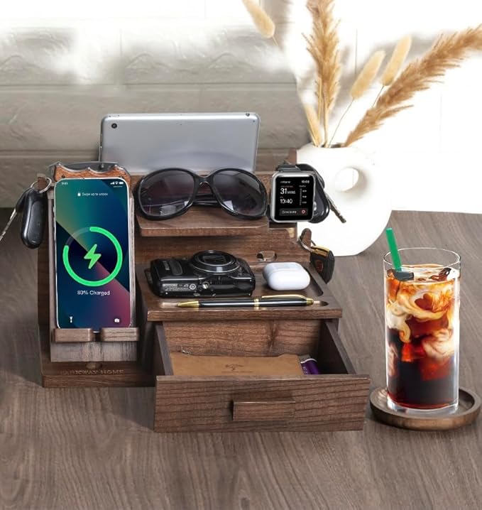 Wood Phone Docking Station with Drawer, Compatible with Apple Watch - Wood Charging Station Organizer Stand, Bedside Nightstand Organizer for Men, Holds Phone, Tablet, Keys, Glasses, EDC