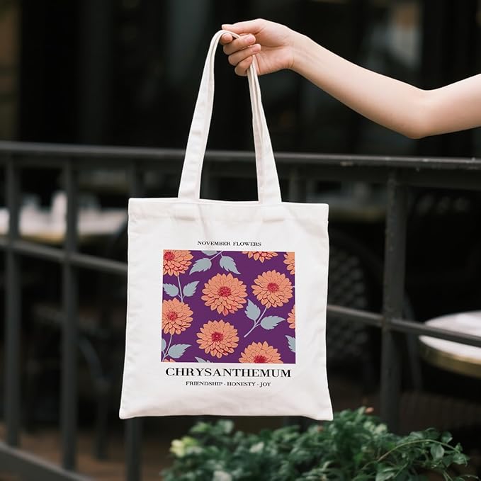 Flower Canvas Tote Bag, November Chrysanthemum Reusable Shoulder Bags, Christmas Gifts to Sister and Friends, Holiday Gift Bags for Wrap Storage, Casual Canvas Totes for Work Traveling