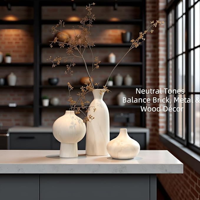 White Ceramic Vase Set of 3 with Stone Texture, Modern Minimalist Pottery Vases for Dried Flowers, Pampas Grass, Rustic Farmhouse & Aesthetic Home Decor for Living Room, Bedroom, Kitchen