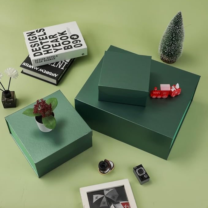 1 Pc Small Green Magnetic Gift Box 8x8x4 Inch Box with Crinkle & Shredded Paper, Luxury Gift Boxes with Lids