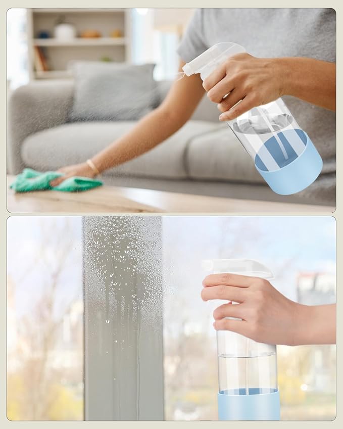 2 Pack Glass Spray Bottles 8 oz, Empty Refillable Containers with Silicone Sleeve Protection, Glass Spray Bottles for Cleaning Solutions, Hair and Plants with Adjustable Nozzles Blue&Grey