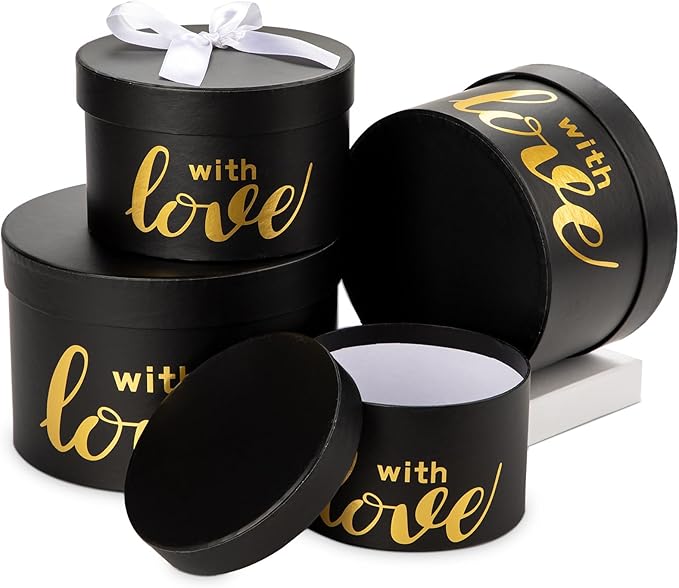 Luxury Round Nested Gift Boxes with Lids (Set of 4) – Reusable Sturdy Cardboard Gift Box Set for Birthdays, Weddings, Anniversaries, Christmas, and Valentine’s Day – Black & Gold