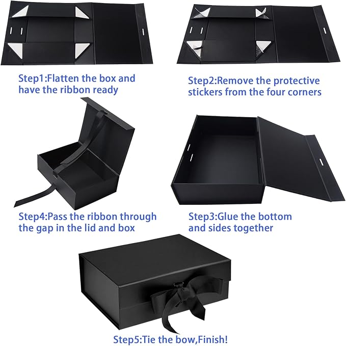 Black Luxury Magnetic Gift Box with Lid, Ribbons and Gift Bag, Medium Size-9.4x7x3 Inches, Great for Christmas, New Year, Wedding, Birthdays, Man