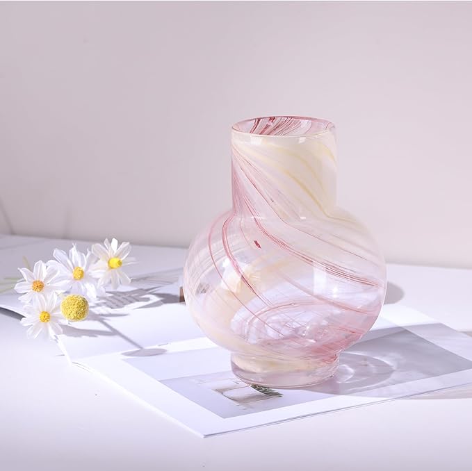 Pink Hand Blown Glass Wide Mouth vase for Home Decoration Short Round Glass vase for Living Room, Dining Table, Bookcase, TV Cabinet, Bookshelf and Office Desktop Decoration.