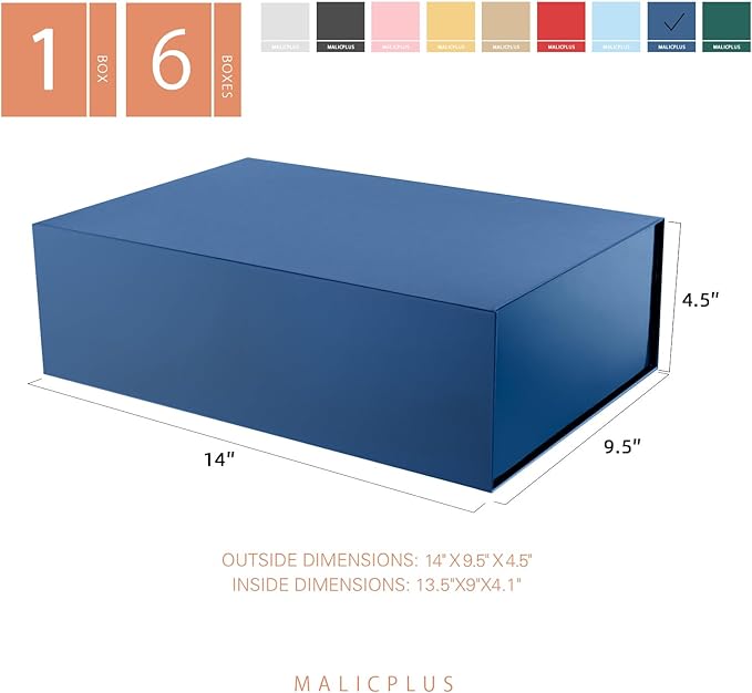 6 Large Gift Boxes with Lids 13.5x9x4.1 Inches, Navy Blue Groomsmen Proposal Gift Boxes with Magnetic Closure for All Occasion (Glossy Navy Blue)