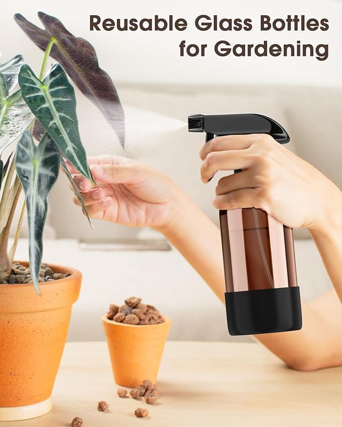 Glass Spray Bottle with Silicone Sleeve Protection, Amber Glass Spray Bottle Set for Window Cleaner Aromatherapy Facial Hydration Watering Flowers Hair Care 2 Pack/8 oz (Black & Brown)