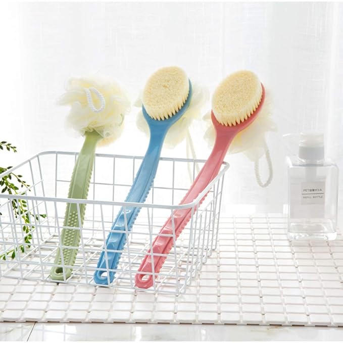 Shower Body Brush with Bristles and Loofah,Back Scrubber Bath Mesh Sponge with Curved Long Handle for Skin Exfoliating Bath, Massage Bristles Suitable for Wet or Dry, Men and Women (Black)