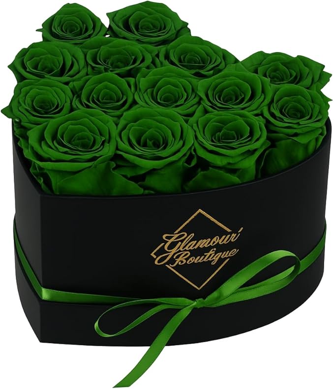 GLAMOUR BOUTIQUE 16 Flower Forever Heart Shape Box - Preserved Roses Gift for Her, Preserved Flowers, Green