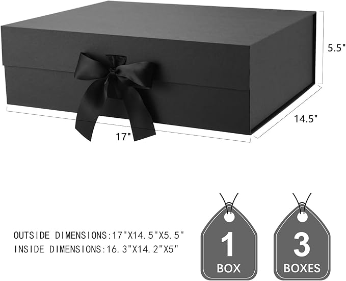 JINMING Extra Large Gift Box with Ribbon 16.3x14.2x5 Inches, Black Box for Gifts, Groomsman Proposal Box for Mother's Day, Father's Day, Collapsible with Magnetic Closure