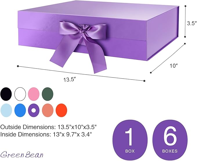 GREEN BEAN Large Gift Box with Lid for Presents 13x9.7x3.4 Inches, Purple Magnetic Gift Box with Ribbon, Bridesmaid Proposal Box (Glossy Purple)