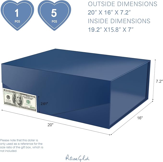 ROSEGLD Extra Large Gift Box 20x16x7.2 Inches, Giant Navy Blue Magnetic Gift Box with lids for Presents, Groomsman Proposal Box (Glossy Navy Blue)