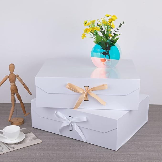 Extra Large White Gift Box 19x16x6 Inches, Gift Boxes with Ribbon, Gift Box with Lid Magnetic Closure, Groomsman Proposal Box, Rectangle Collapsible Boxes for Wedding Dress(Glossy White)