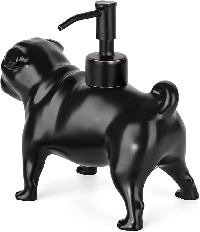 Pug Shaped Soap/Lotion/Hand Sanitizer Dog Lover Stainless Steel Pump Dispenser for Dog Gifts, Refillable for Kitchen and Bathroom(Black)