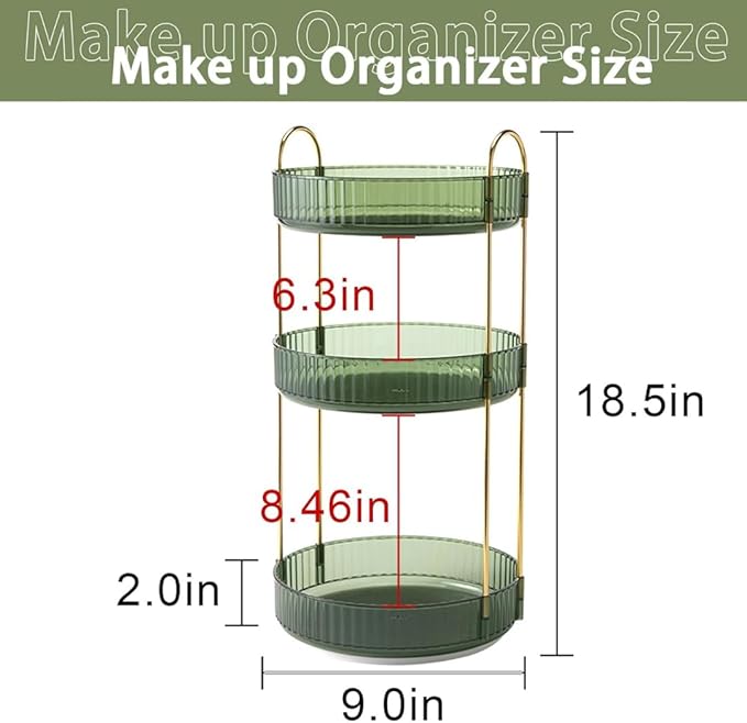 360° Rotating Makeup Organizer – 3-Tier Spinning Cosmetic Holder for Vanity, Countertop, Bathroom & Dresser – Perfume, Skincare & Cosmetic Care Organizer (Clear Green, 3 Tier)