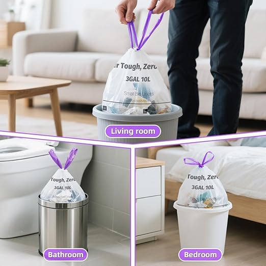 OKKEAI 3 Gallon Small Trash Bags with Drawstring, 64 Count Bathroom Garbage Bags – Leak-Proof Tear-Resistant Wastebasket Liners for Bathroom, Kitchen, Office