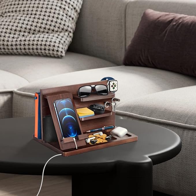 Gifts for Men Bedside Organiser Wood Phone Docking Station Dad Birthday Gifts for Him Nightstand Key Wallet Watch Stand Mens Gifts for Xmas Presents for Dad Husband Boyfriend Anniversary & Christmas