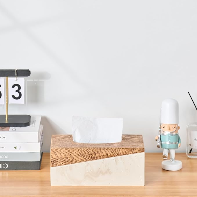 Rectangular Natural Travertine and Rustic Wood Textures Tissue Box Cover for Bathroom,Livingroom,Bedroom, Hand-Made Resin Wood Inlaid Travertine Tissue Box Holder,10 x 5.7 x 4.5 in