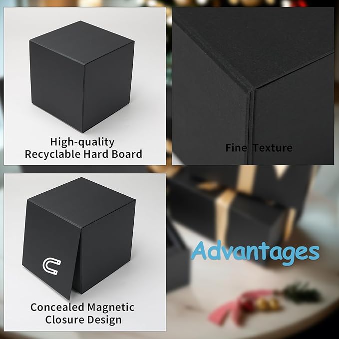 Schliersee 8x8x8 Gift Box with Lids Magnetic Closure Set of 4, Black Square Gift Wrap Boxes for Wedding, Birthday