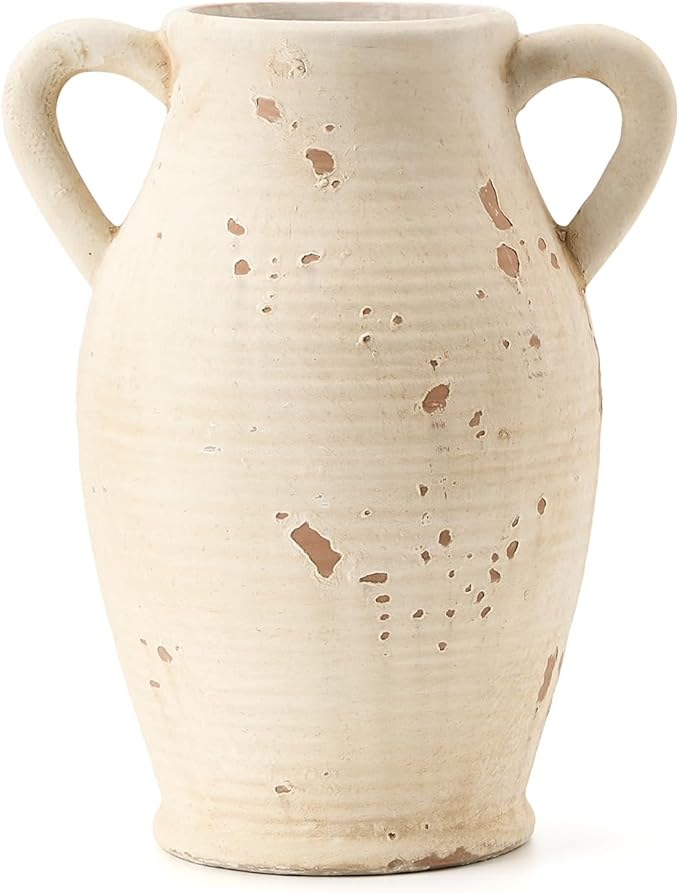 Large Ceramic Rustic Vase with 2 Handles, 9.8 inch Farmhouse Distressed Flower Vase for Home Decor, Living Room, Shelf Decor, Pampas Grass, Enterway, Table Decoration, Gift, White