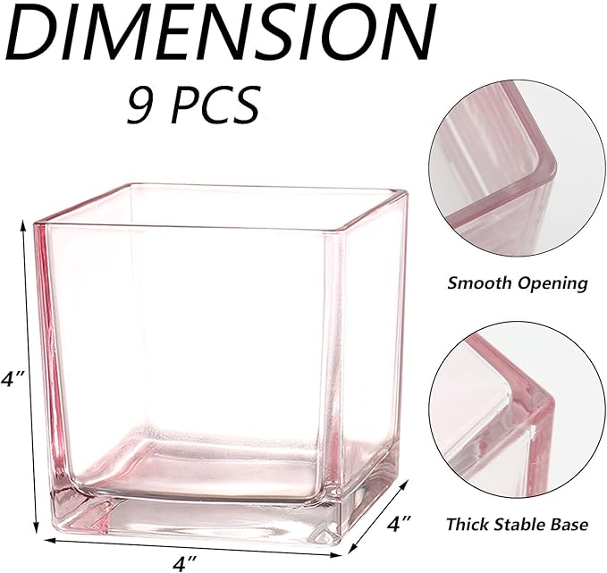 Square Glass Vases Set of 9, 4"x 4"x 4" Flower Vases for Centerpieces, Pink Glass Vase for Flowers, Small Vase for Wedding, Party, Home Office Decoration