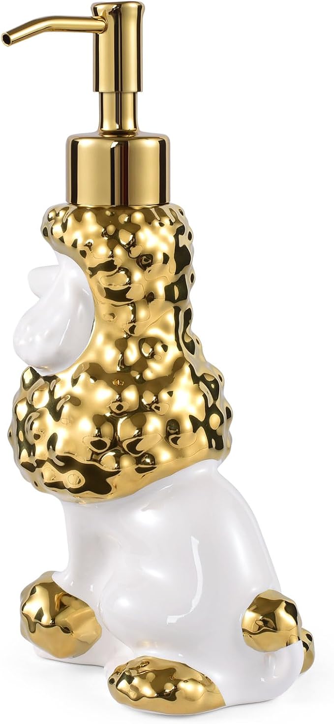 Poodle Shaped Soap/Lotion/Hand Sanitizer Ceramic Dog Lover Stainless Steel Pump Dispenser for Dog Mom Gifts, Refillable for Kitchen and Bathroom (Gold/White)