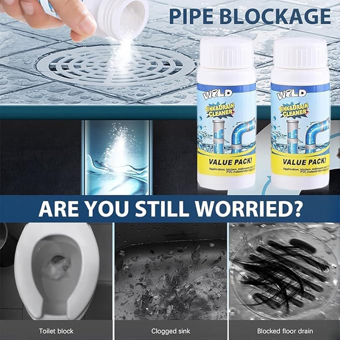 Wild Sink and Drain Cleaner Powder | Rapid-Foam Fast-Acting Pipe Declogger for Kitchen, Bathroom, Toilet, Shower Drain Maintenance | Powerful Foaming Cleaner (3.88oz/110g, Count, 2)