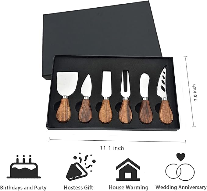 Premium 6-Piece Cheese Knife Set - Acacia Wood Handle Stainless Steel Cheese Knives for Charcuterie Board
