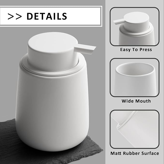 Soap Dispenser Ceramic with Easy-to-Press Pump Hand Lotion Liquid Dispenser for Shampoo Bathroom Kitchen 12 oz White